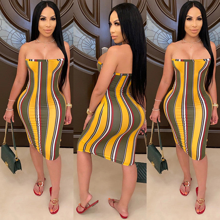 Sexy Striped Off Shoulder Bodycon Midi Tube Dress