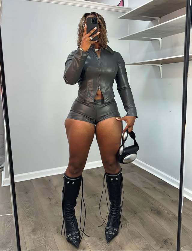 PU Leather Long Sleeve Two Piece Shorts Set