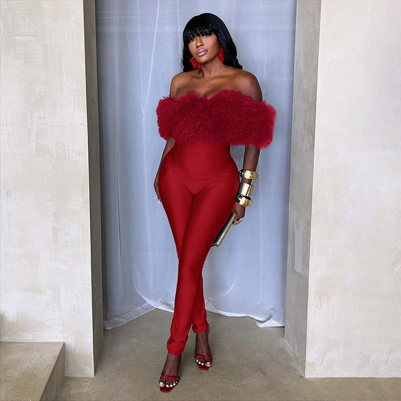 One Shoulder Furzzy Neck Patchwork Jumpsuit