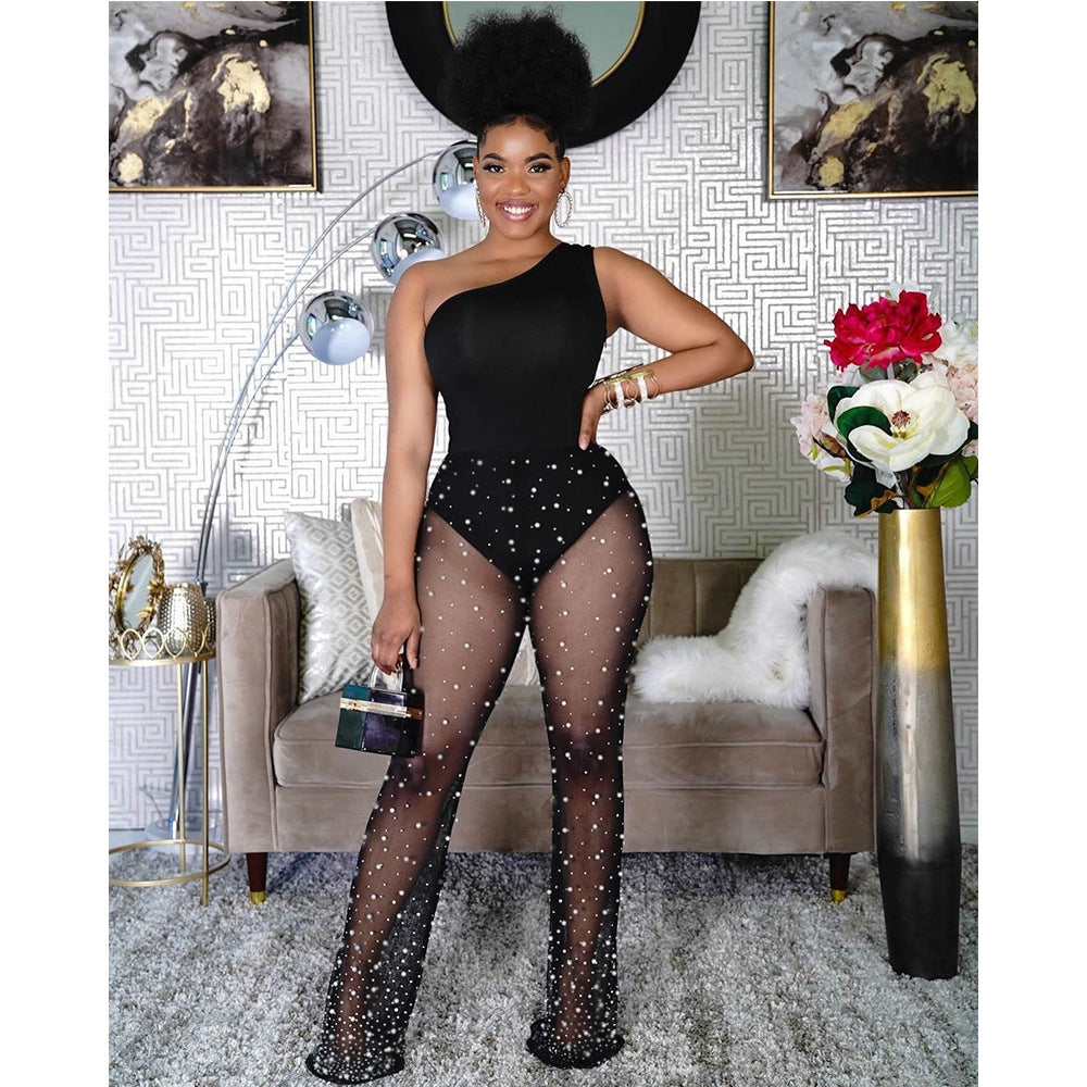 Slash Neck Mesh Patchwork Print Jumpsuit