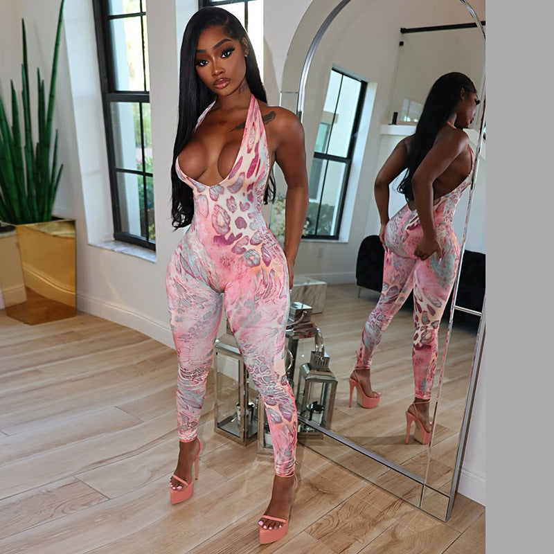 Print Halterneck Backless Romper
