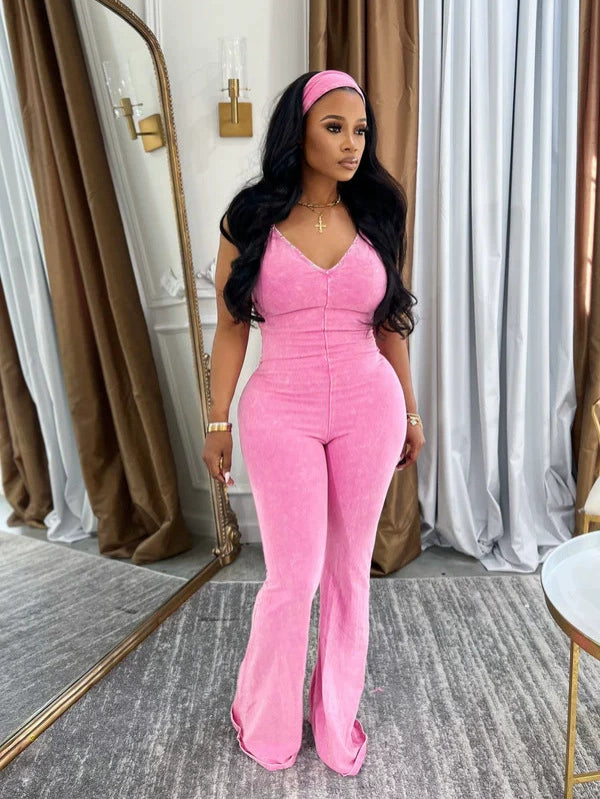Sling Washed V Neck Denim Jumpsuit