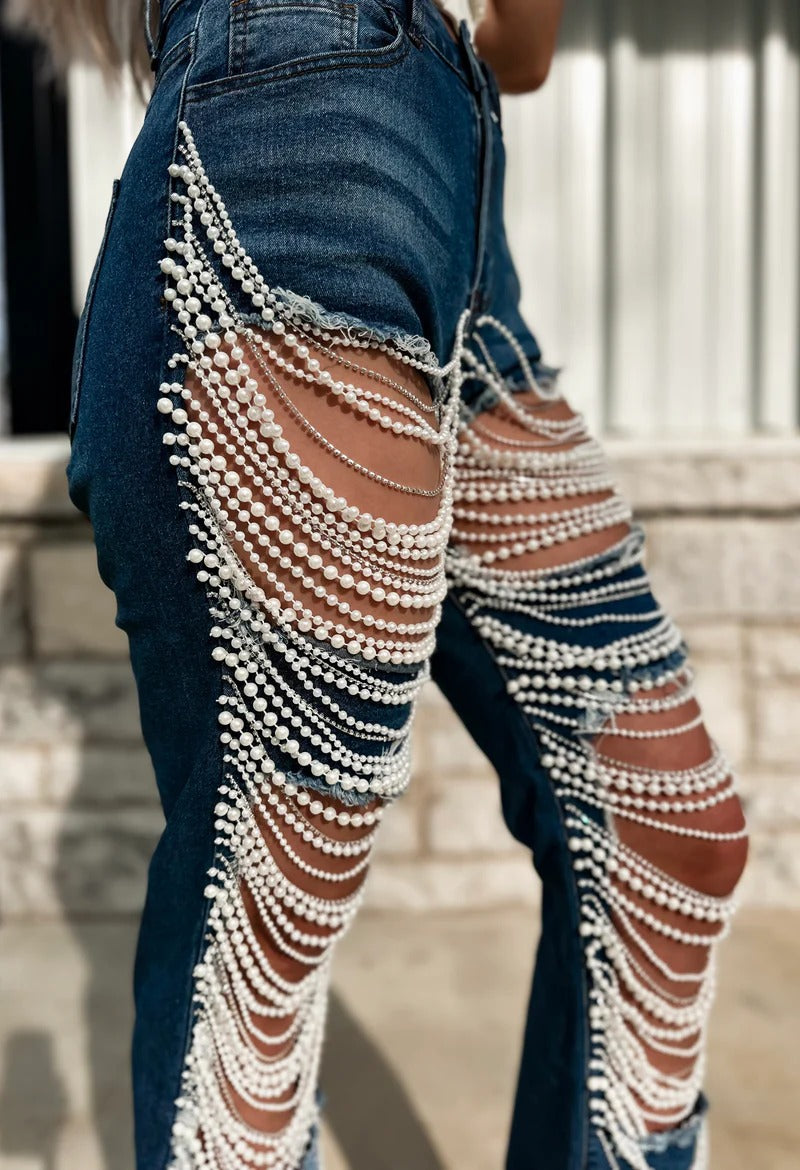 Chain Bead Hollow Out Straight Leg Jeans