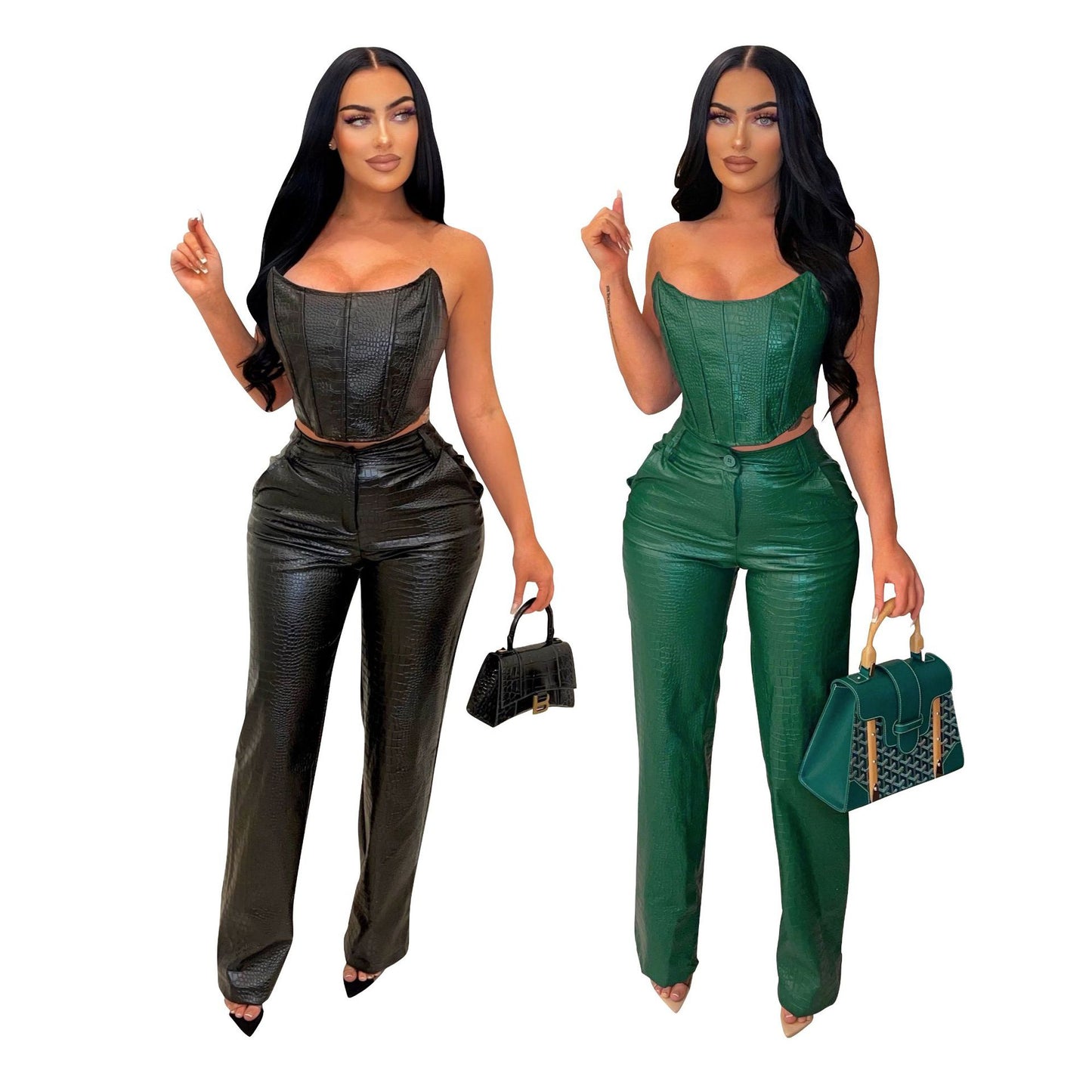 Sexy Tube Top Faux Leather 2 Piece Set
