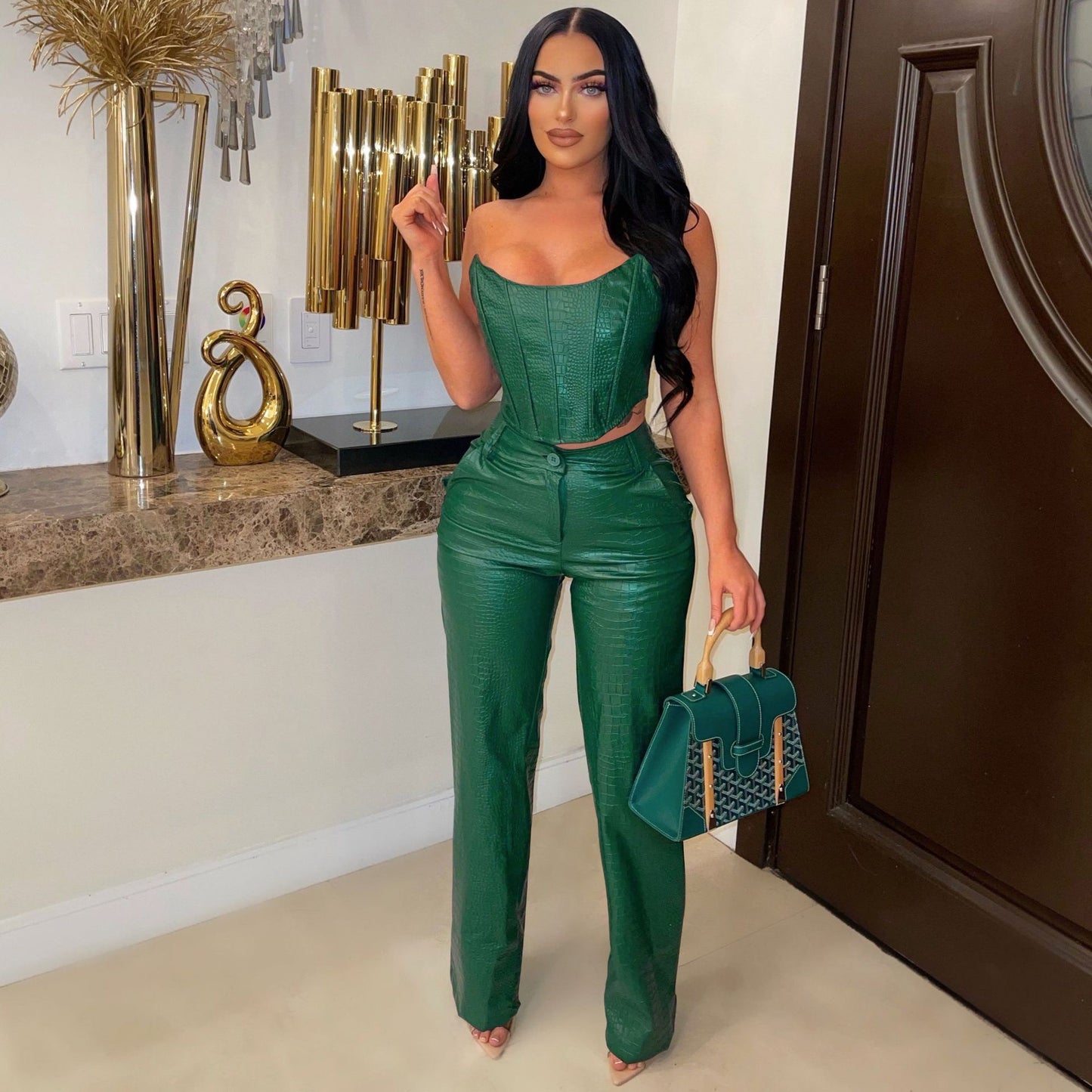 Sexy Tube Top Faux Leather 2 Piece Set