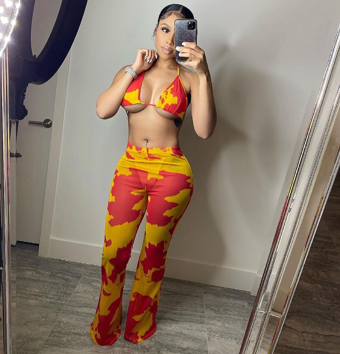 Sexy Printed Swimsuit Mesh 3 Piece Set