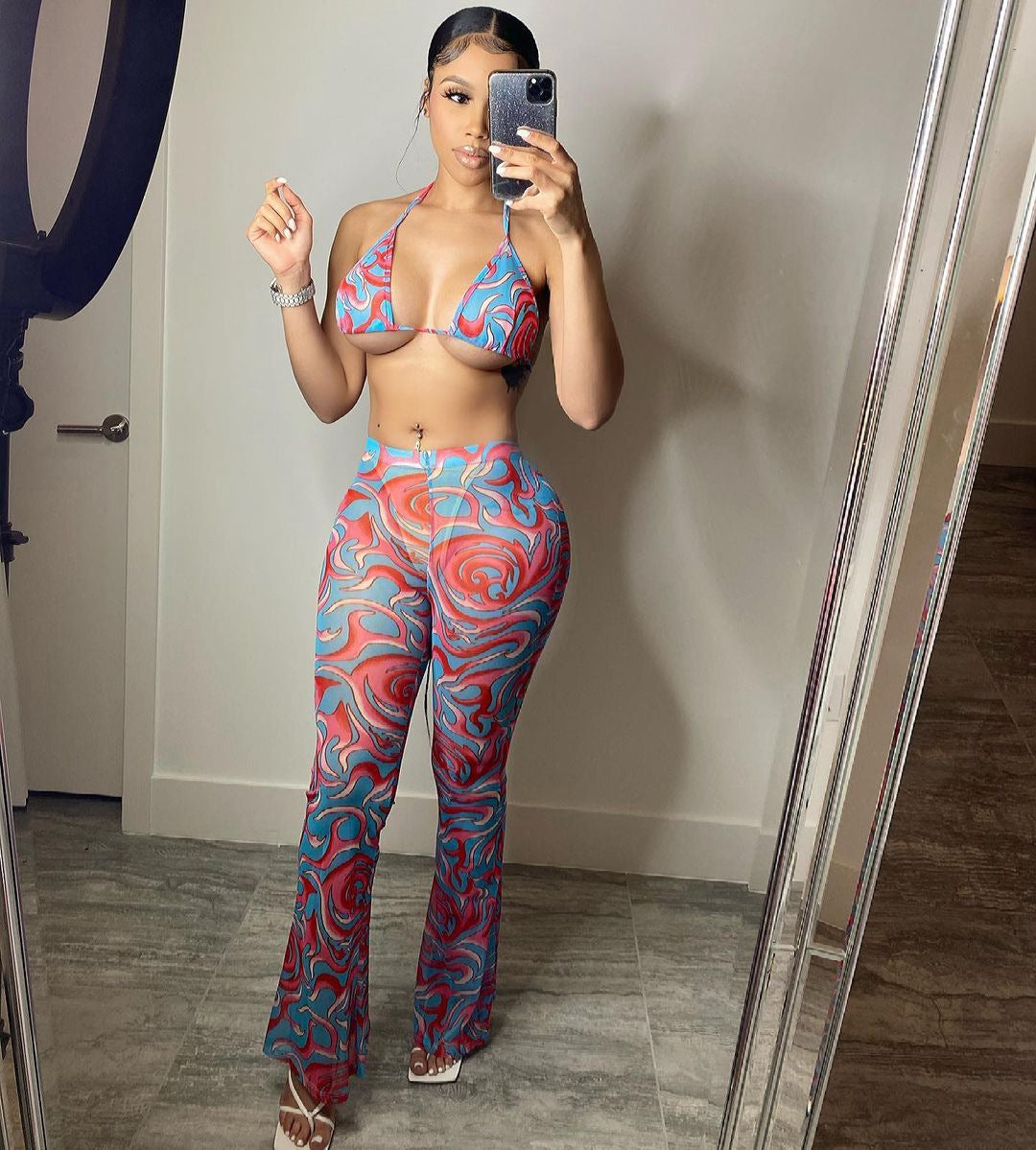 Sexy Printed Swimsuit Mesh 3 Piece Set
