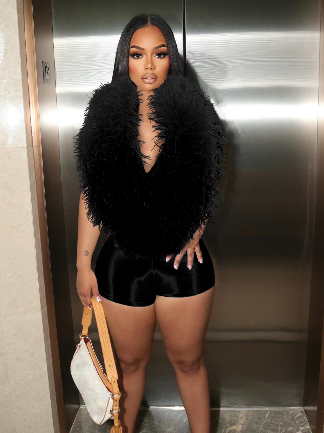 Fur Deep V-Neck Romper