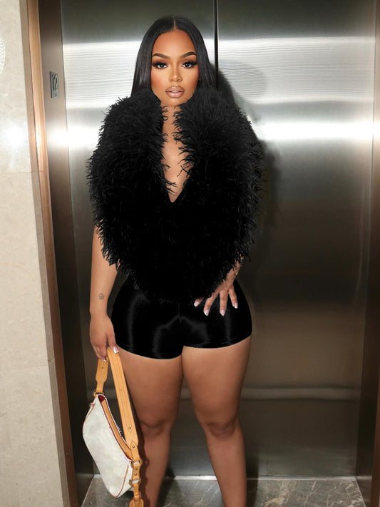 Fur Deep V-Neck Romper