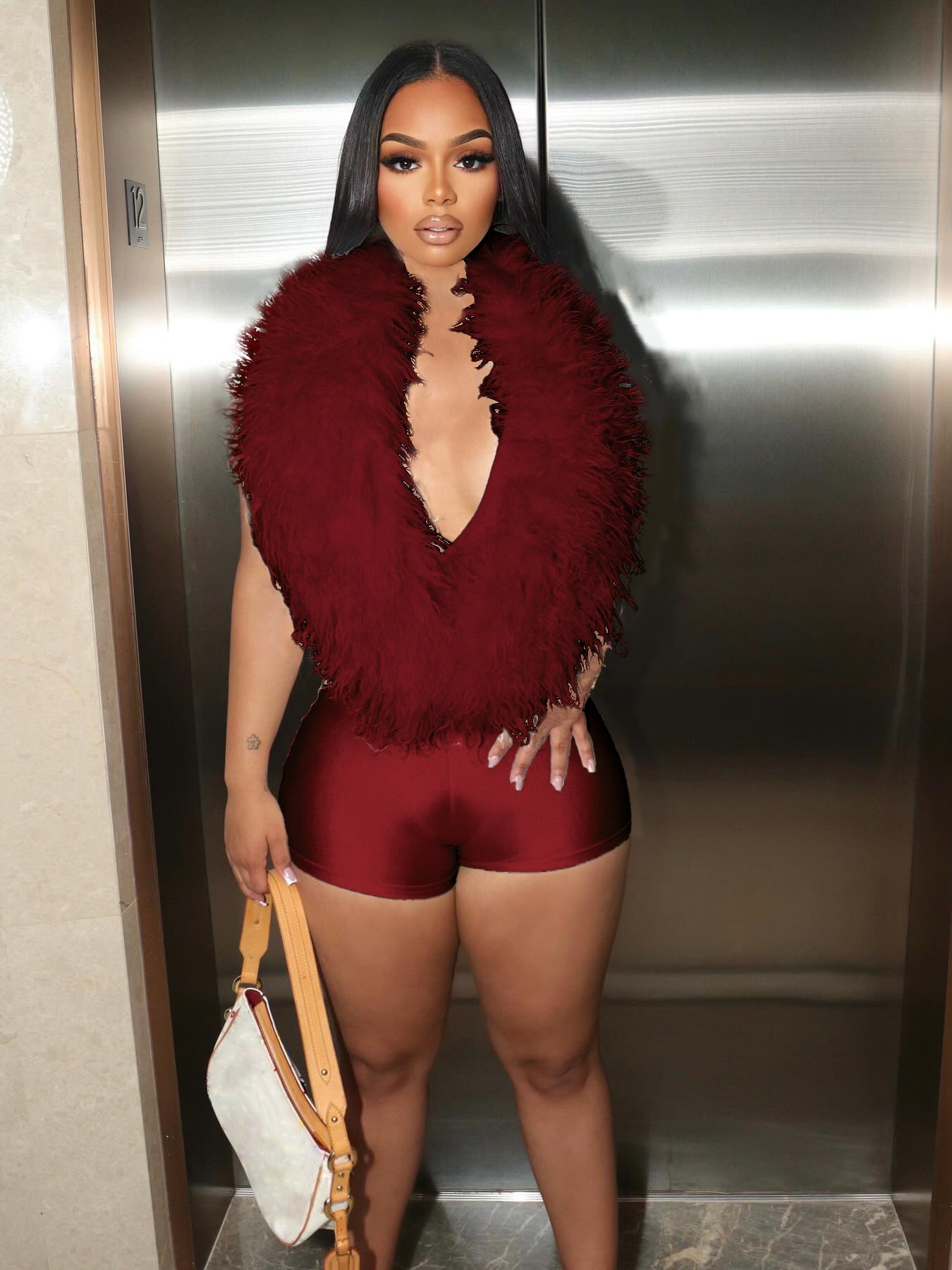 Fur Deep V-Neck Romper