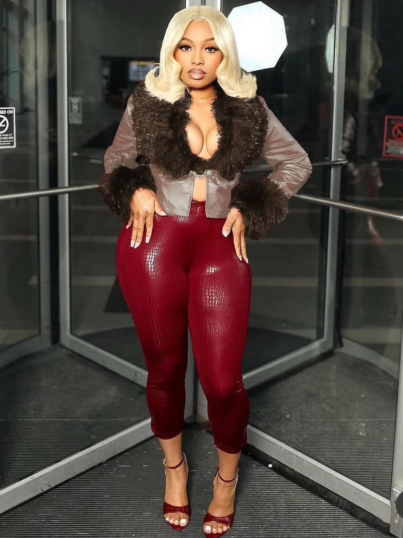 Fur V-Neck Faux Leather Jacket