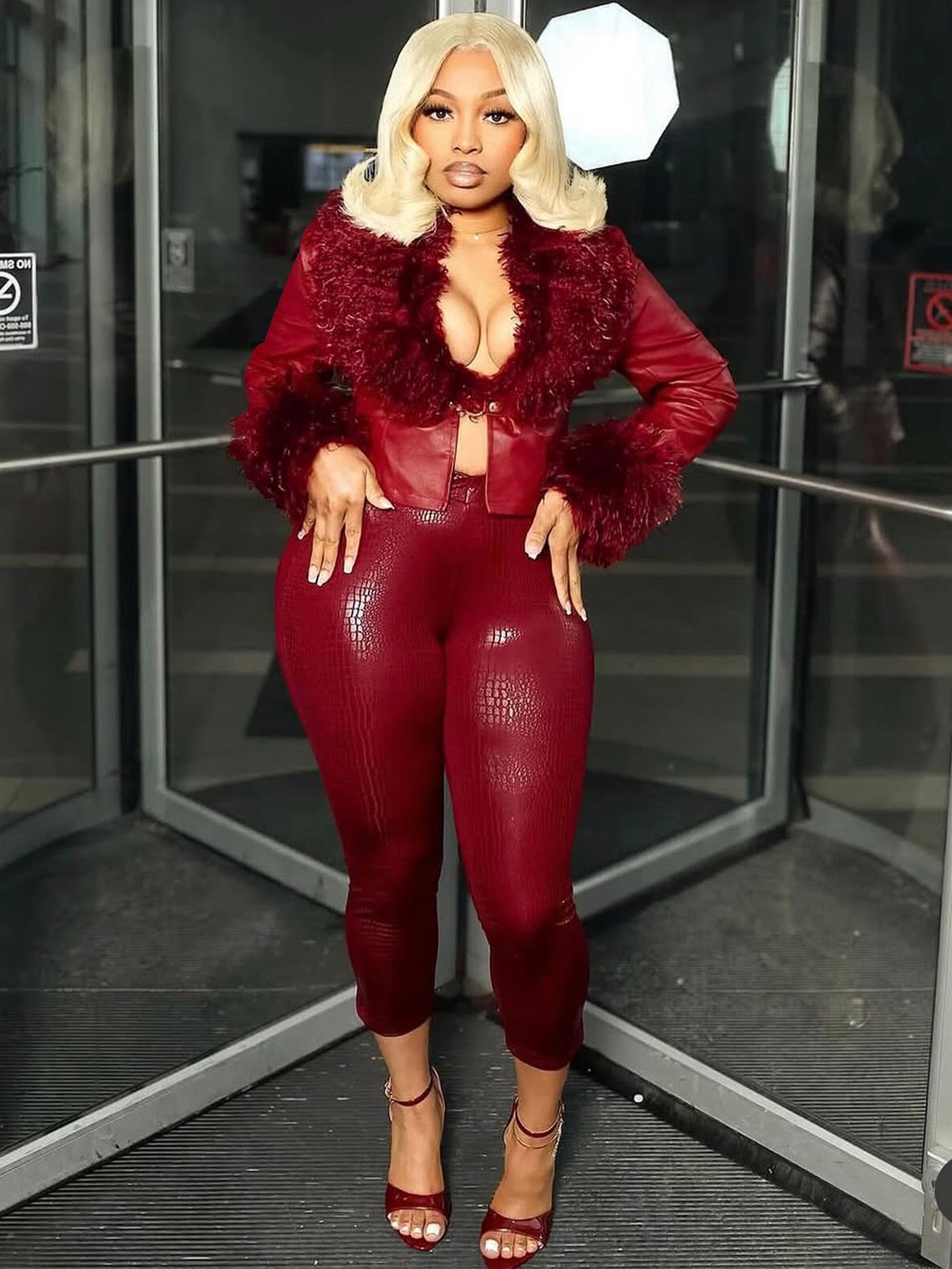 Fur V-Neck Faux Leather Jacket