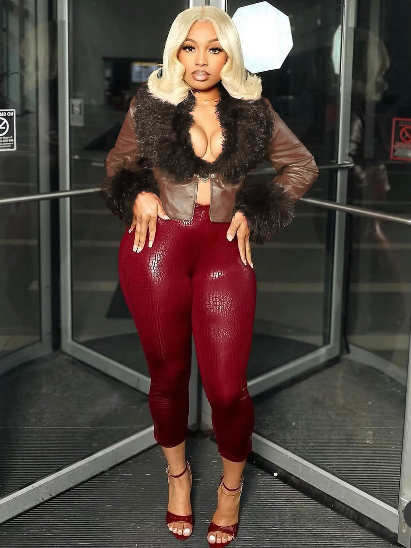 Fur V-Neck Faux Leather Jacket