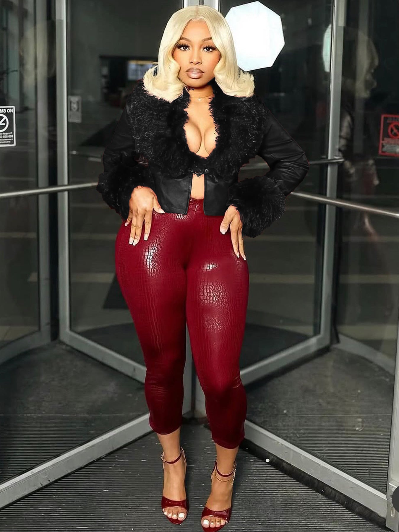 Fur V-Neck Faux Leather Jacket