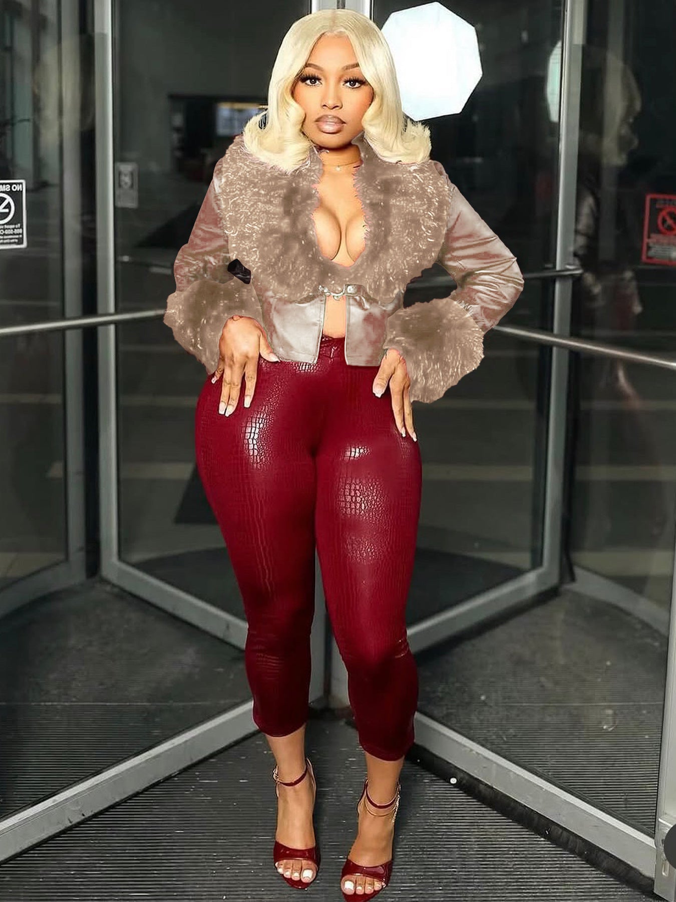 Fur V-Neck Faux Leather Jacket
