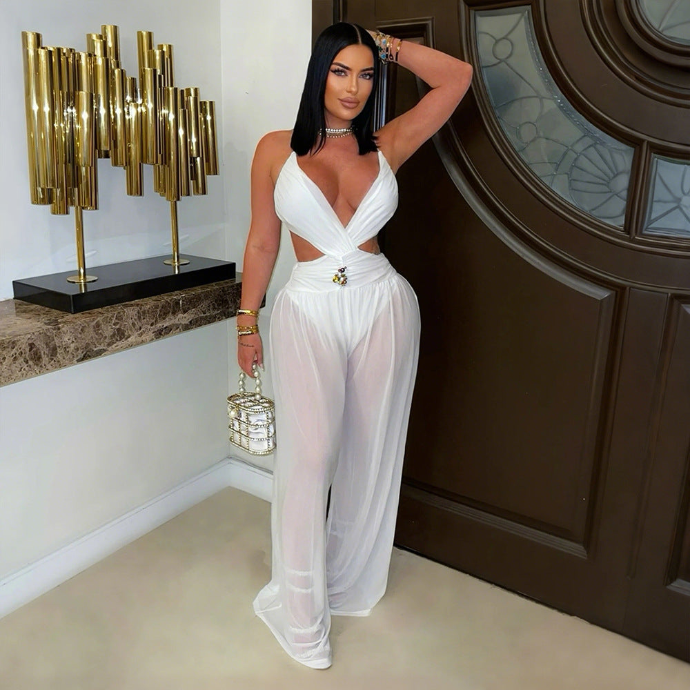 V Neck Backless See Through Jumpsuit