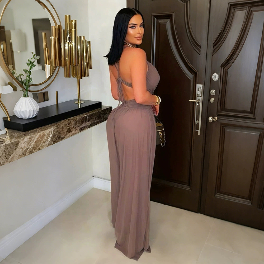V Neck Backless See Through Jumpsuit