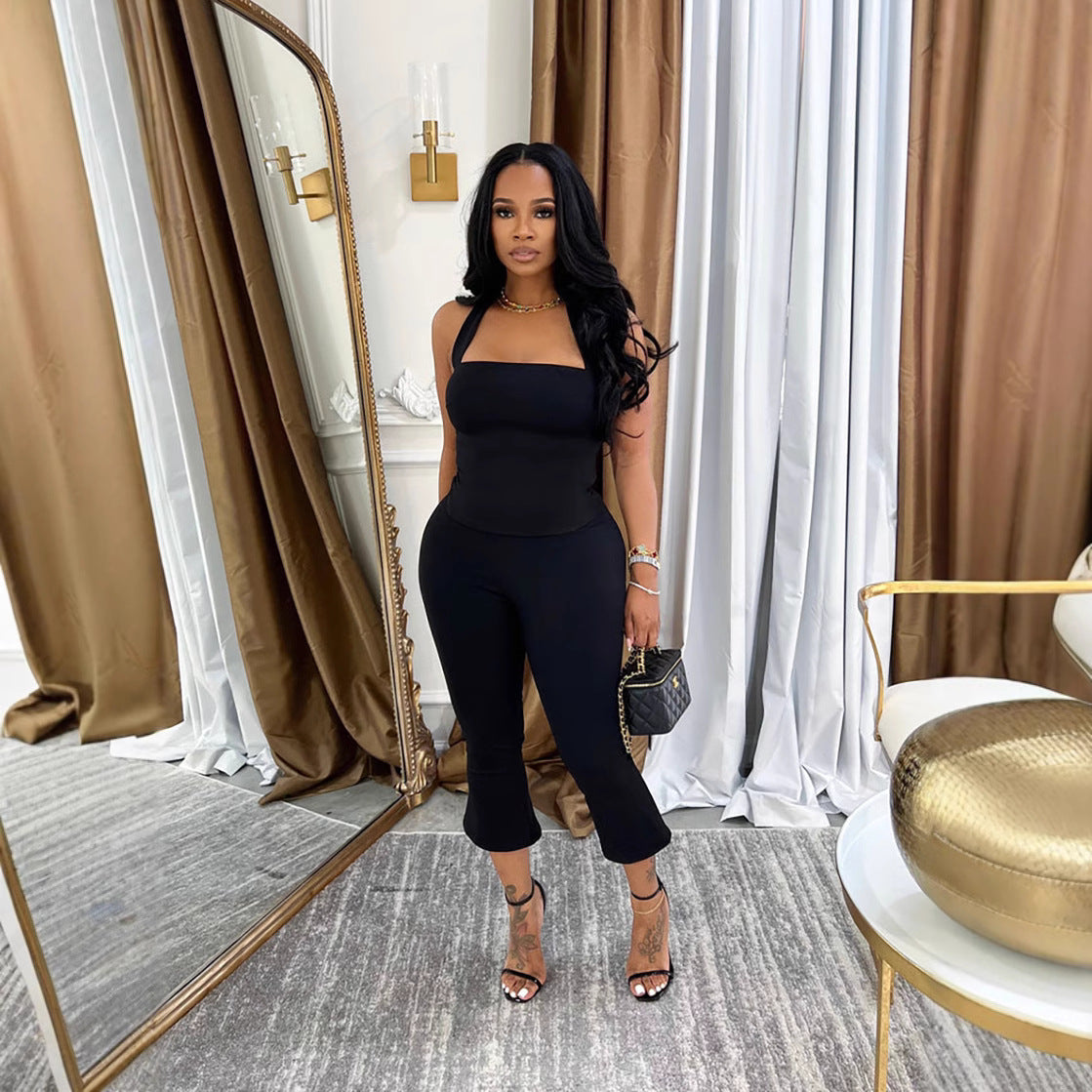 Halterneck Backless Two Piece Pants Set