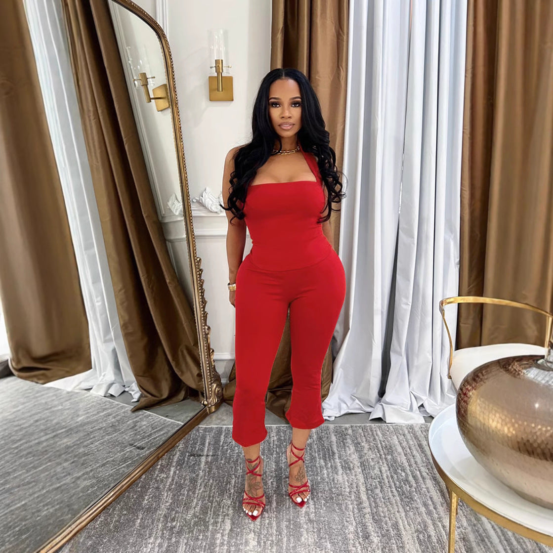 Halterneck Backless Two Piece Pants Set