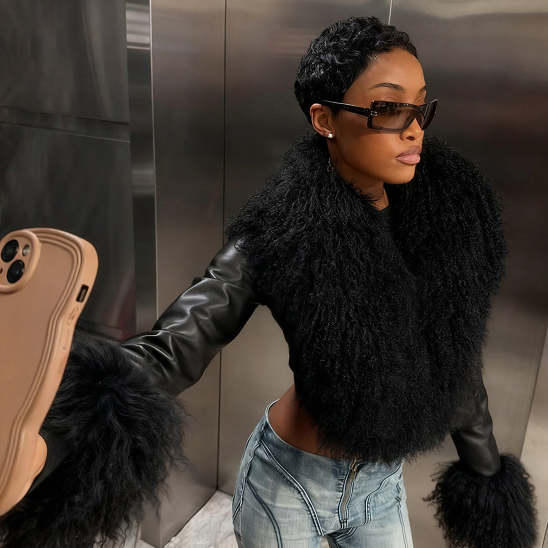 Leather V Fur Neck Coat