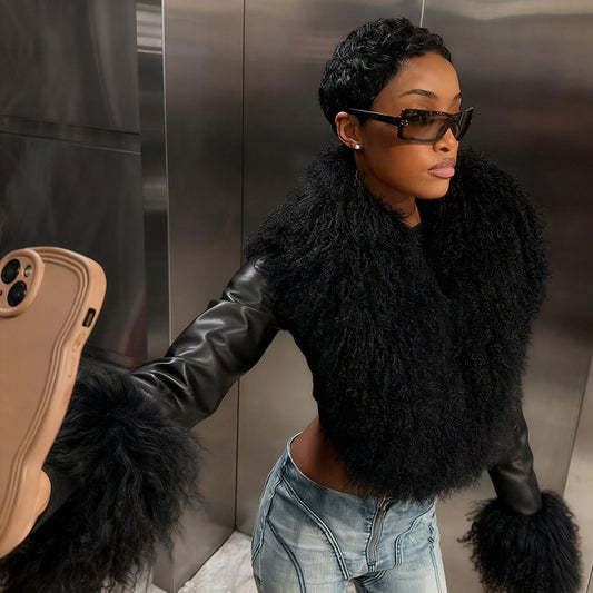 Leather V Fur Neck Coat
