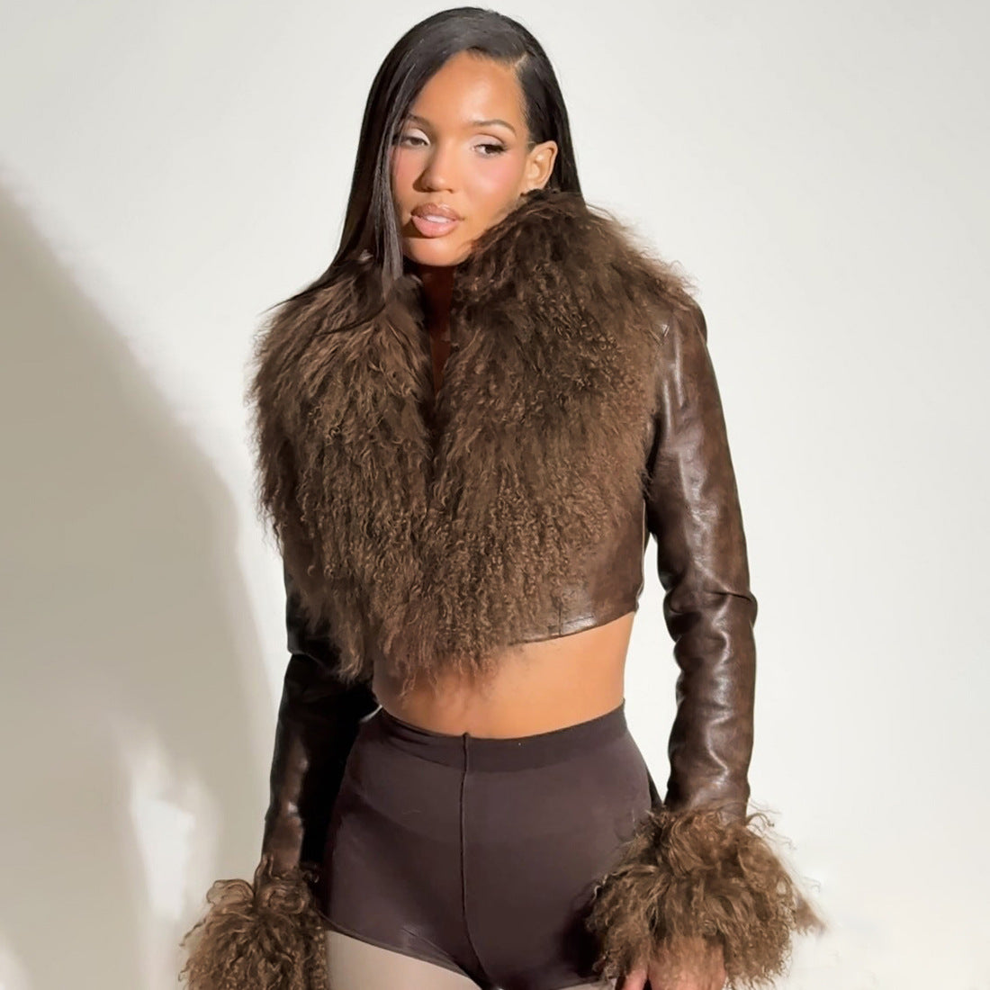 Leather V Fur Neck Coat