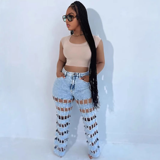 Hollow Out Holes Straight Jeans