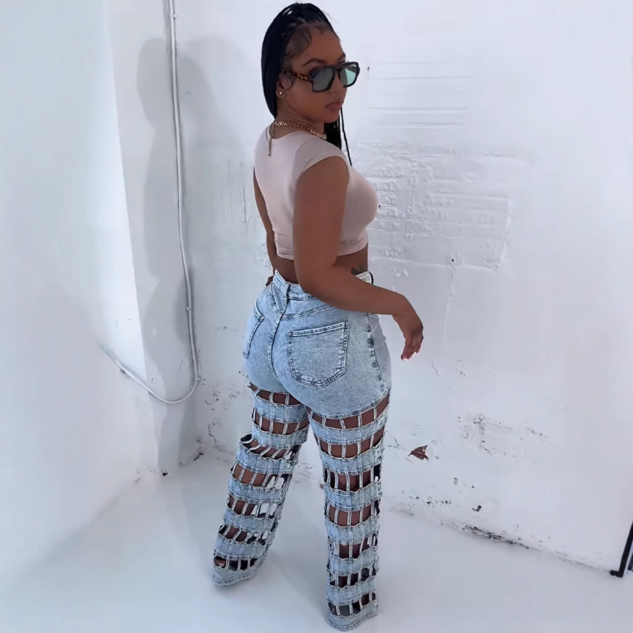 Hollow Out Holes Straight Jeans