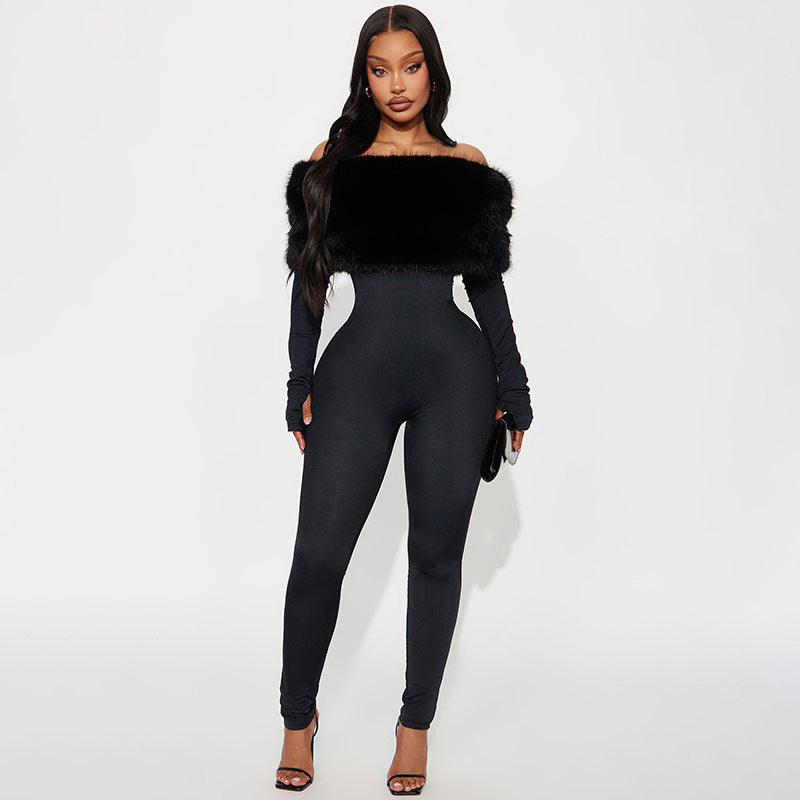 Fur Off Shoulder Long Sleeve Jumpsuit