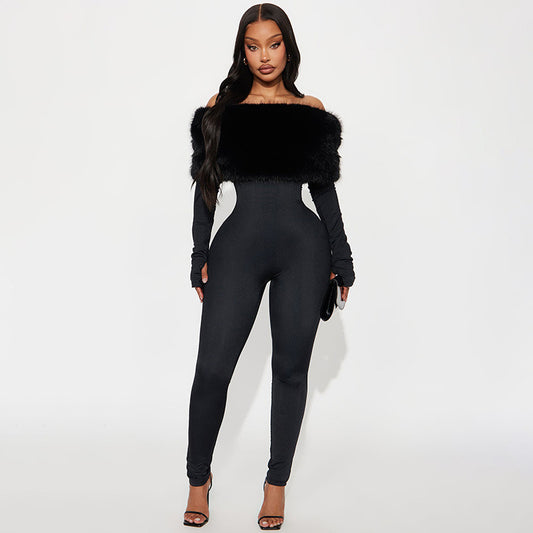 Fur Off Shoulder Long Sleeve Jumpsuit