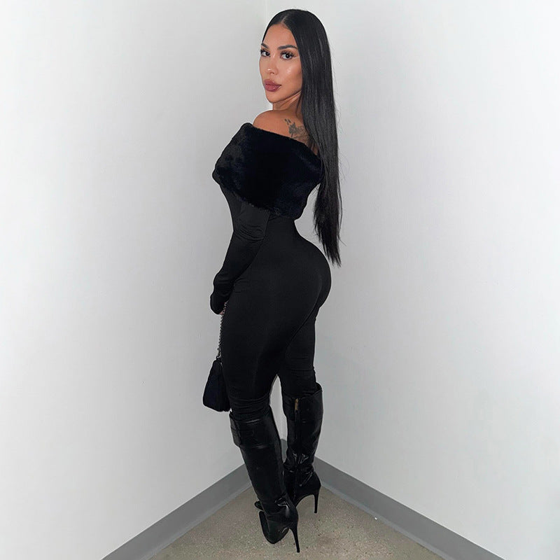 Fur Off Shoulder Long Sleeve Jumpsuit