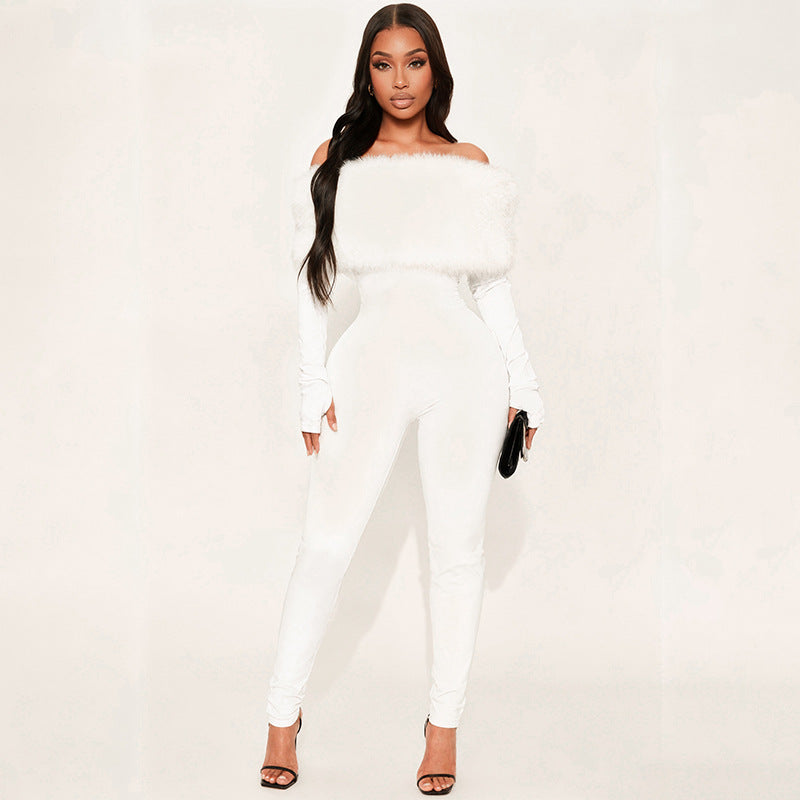 Fur Off Shoulder Long Sleeve Jumpsuit