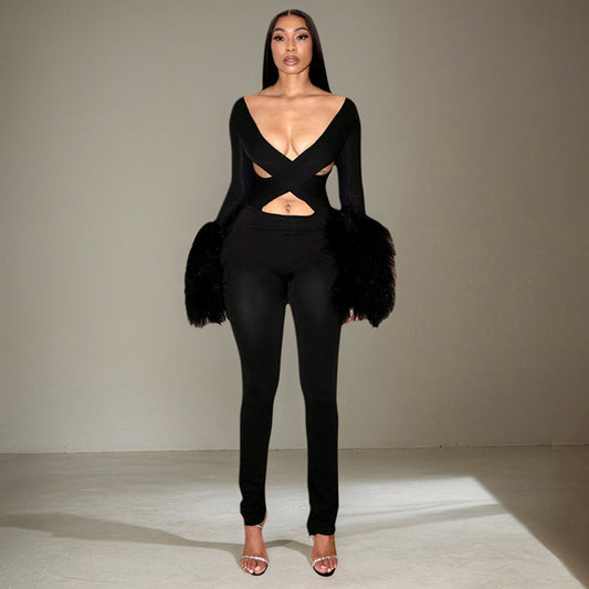 Hollow Out  Fur Sleeve Jumpsuit