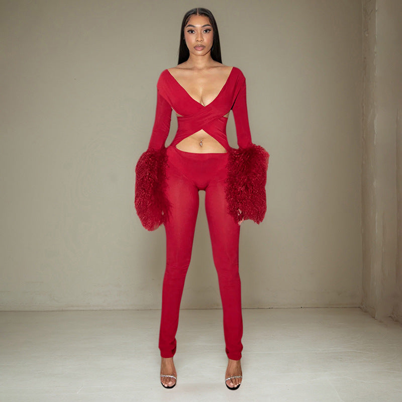 Hollow Out  Fur Sleeve Jumpsuit