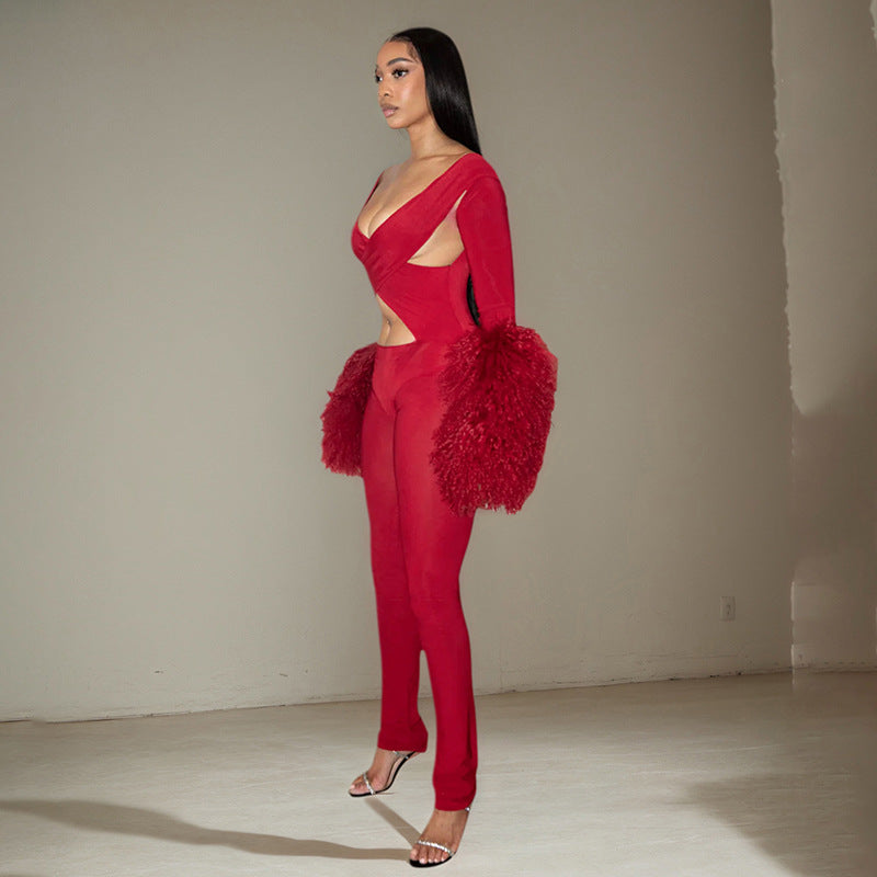 Hollow Out  Fur Sleeve Jumpsuit