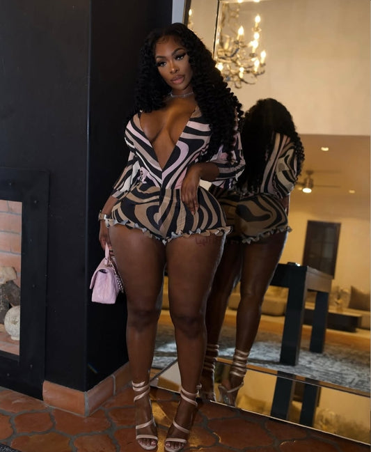 V Neck Long Sleeve Bodysuit Two Piece Shorts Set