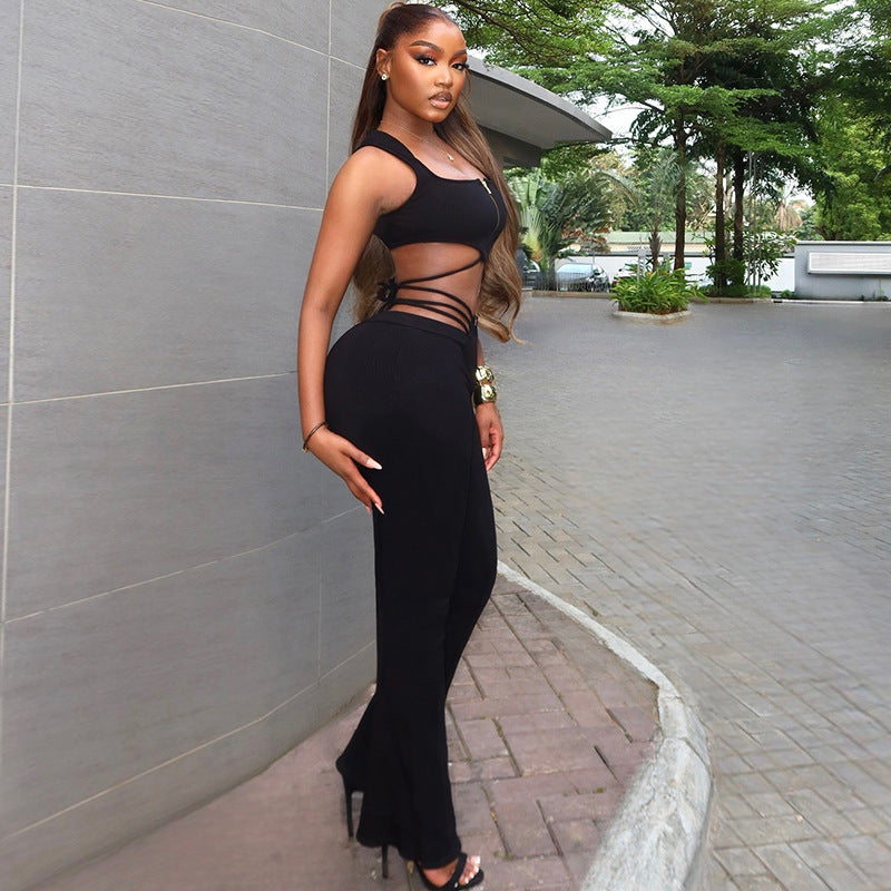 Zipper Sleeveless Crop Top Bandage Pants 2 Piece Set