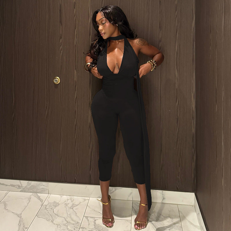 V Neck Tie Up Sport Solid Color Jumpsuit