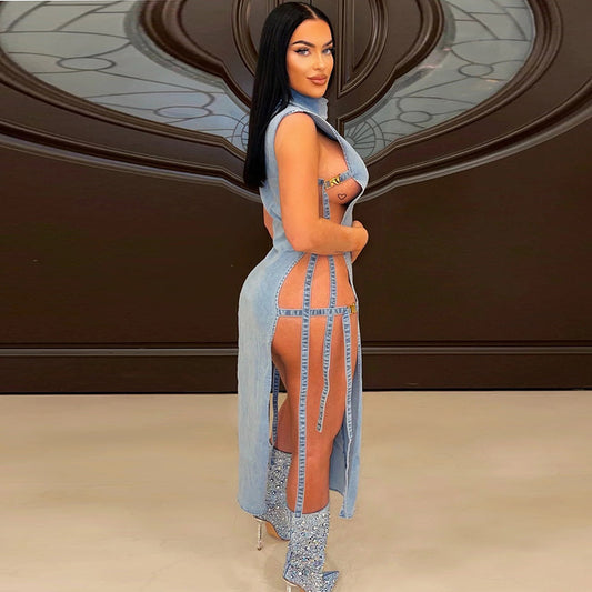 Sexy Denim Hollow Out High Collar Split Midi Dress