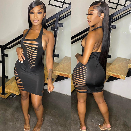 Sexy Solid Color Halter Hole Dress