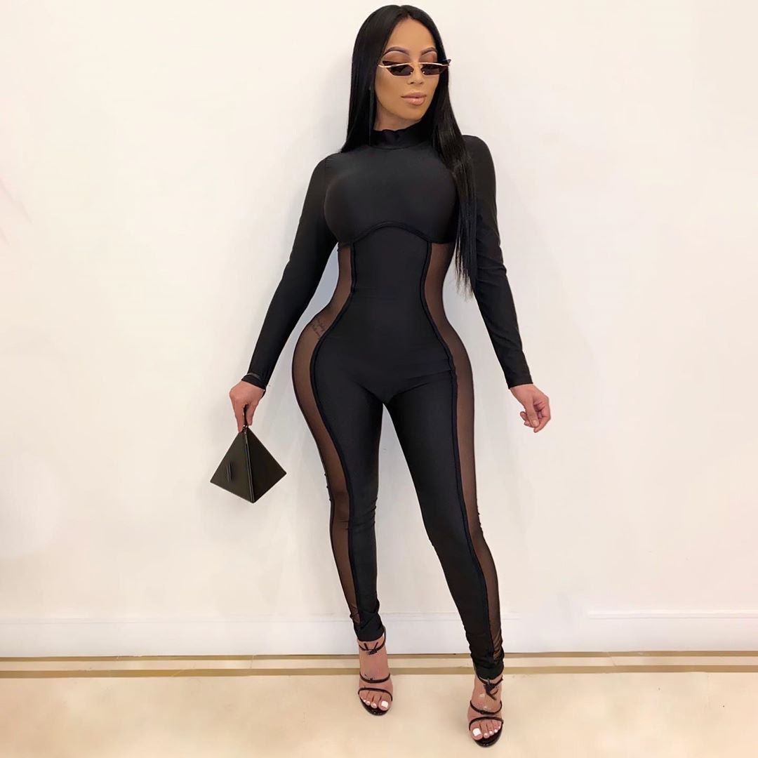 Plus Size Mesh Patchwork Long Sleeve Jumpsuit
