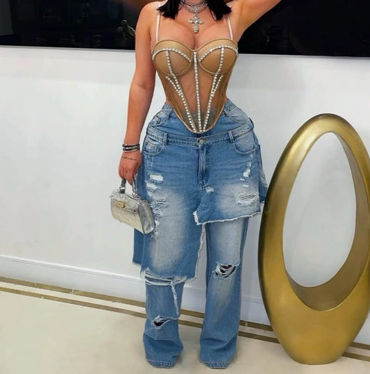 Denim Patchwork Holes Straight Jeans