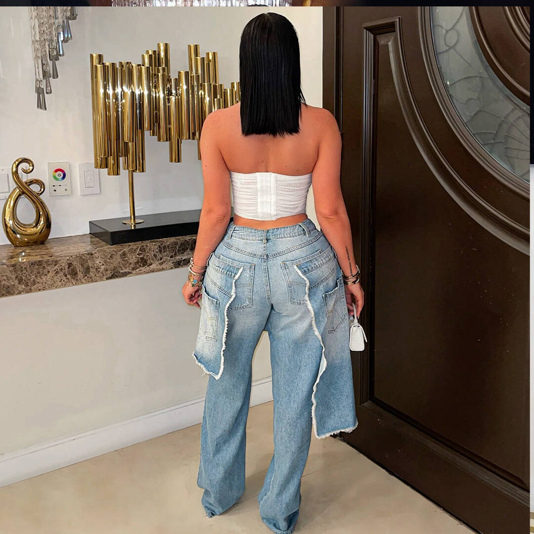 Denim Patchwork Holes Straight Jeans