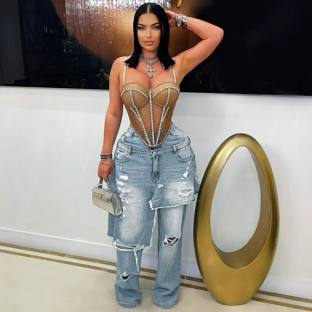 Denim Patchwork Holes Straight Jeans