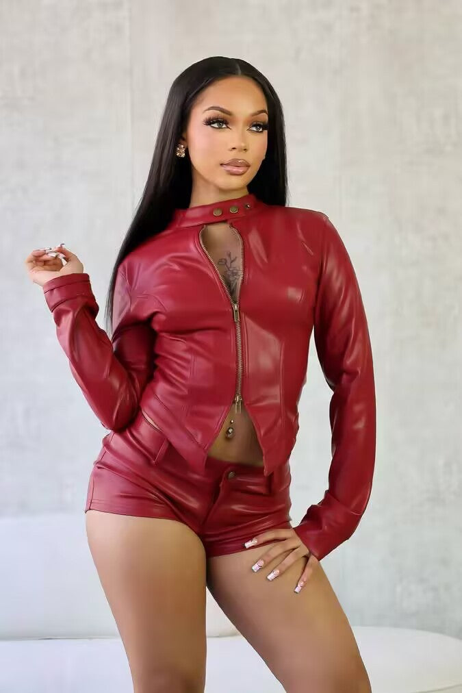 PU Leather Long Sleeve Two Piece Shorts Set