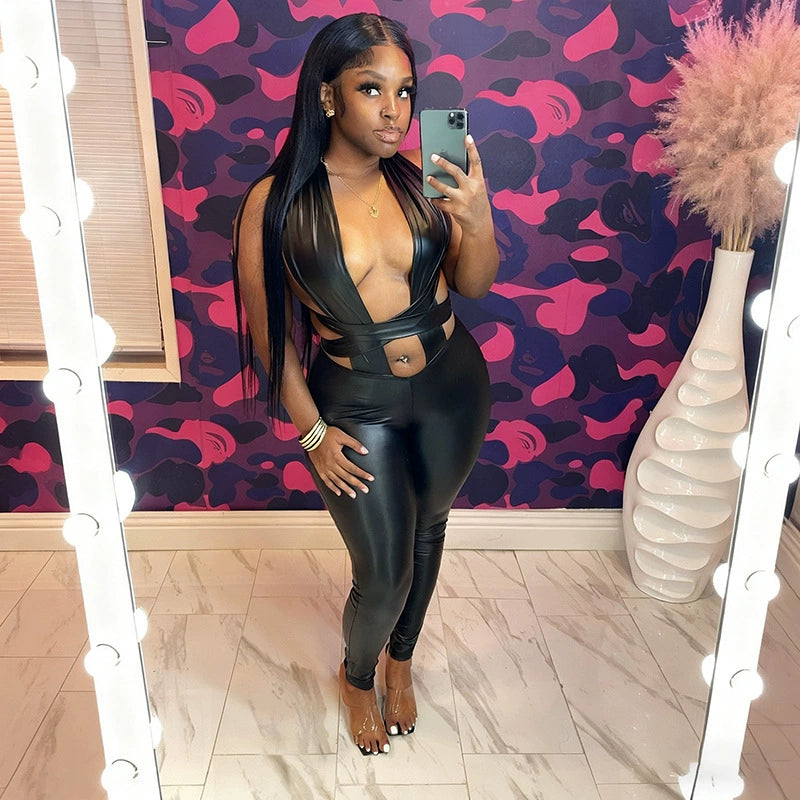Backless Cross Leather Jumpsuit