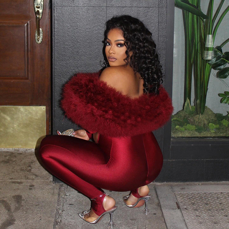 One Shoulder Fur Hollow Out Jumpsuit