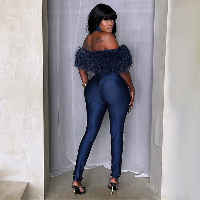 One Shoulder Furzzy Neck Patchwork Jumpsuit