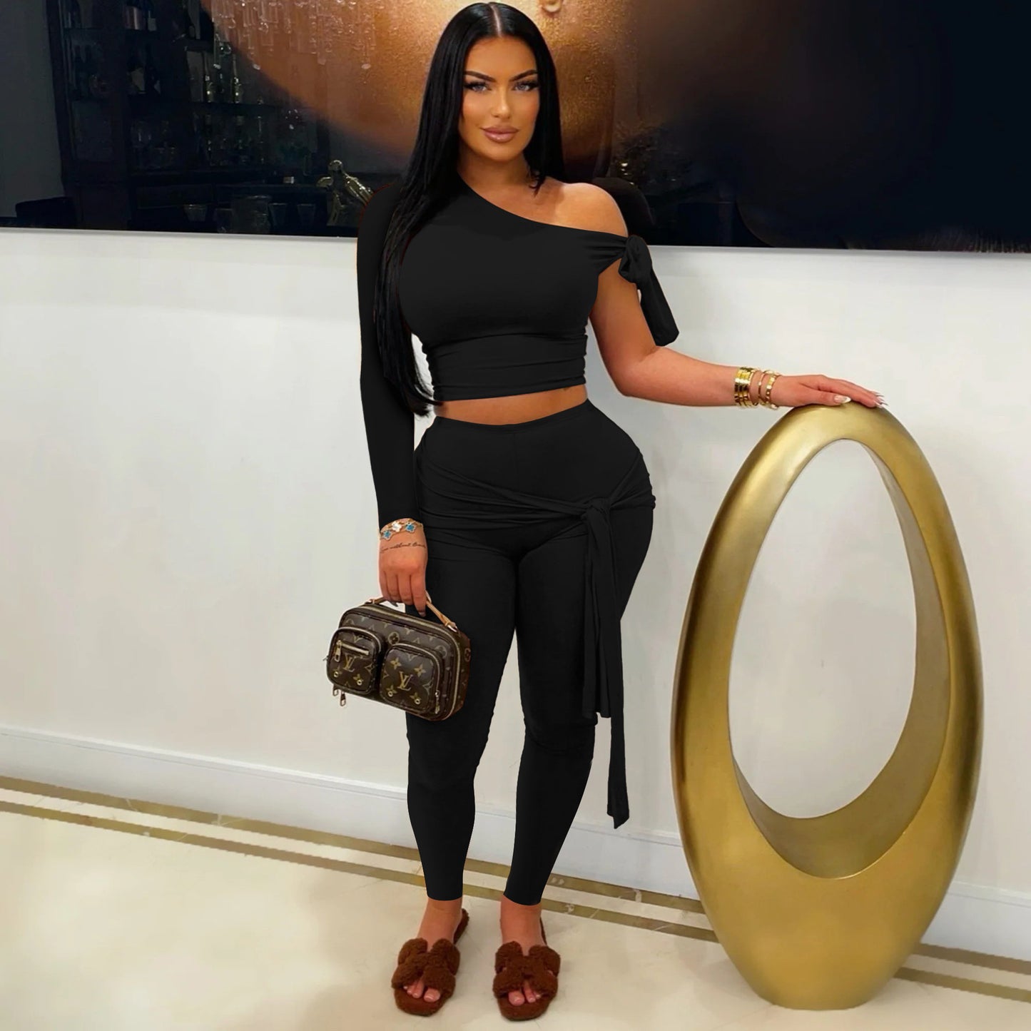Single Shoulder Long Sleeve Tie Up Two Piece Pants Set