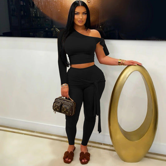 Single Shoulder Long Sleeve Tie Up Two Piece Pants Set